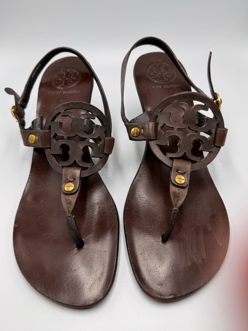 Tory Burch Dark Brown Leather Logo Slingback Sandals with Gold Accents